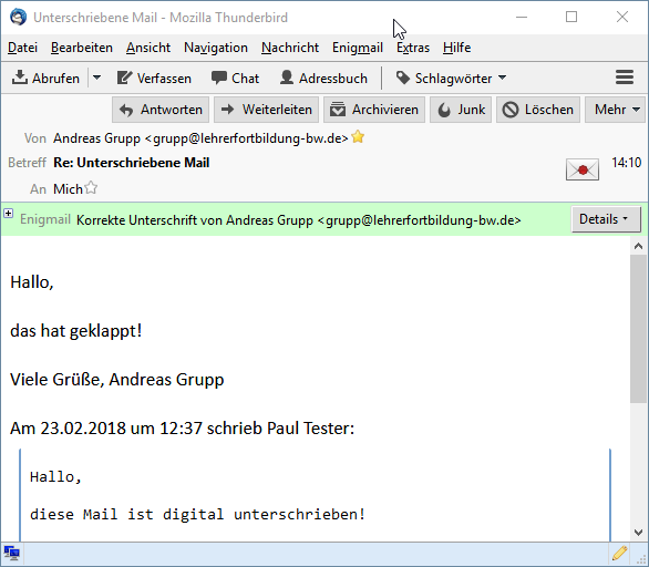 Enigmail-Anzeige einer Signatur die auf einem vertrauenswürdigen Schlüssel basiert
