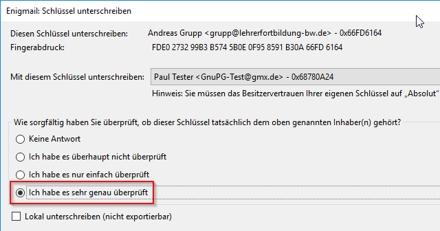 Enigmail-Anzeige einer Signatur die auf einem vertrauenswürdigen Schlüssel basiert