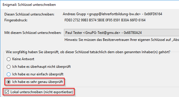 Güte der Schlüsselüberprüfung angeben. Nicht exportierbare Schlüssel-Signatur festlegen.