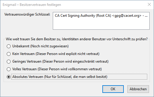 Besitzervertrauen des CAcert-Public-Keys auf absolutes Vertrauen setzen.
