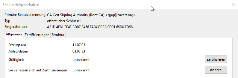 Schlüsseleigenschaften des CAcert-Public-Keys direkt nach dem Import