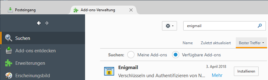 Enigmail in der Trefferliste der Add-On-Suche