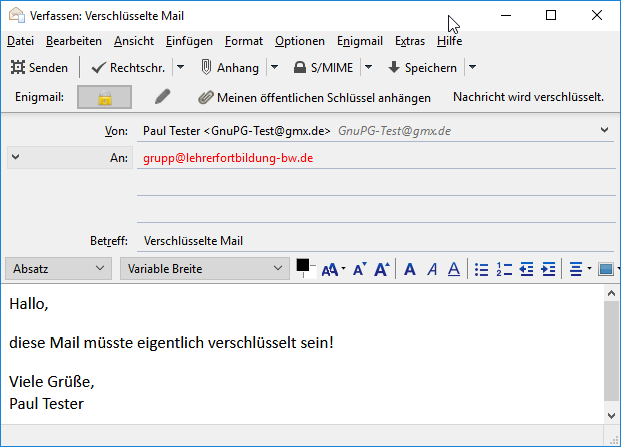 Neue Mail an Empfänger dessen Public Key verfügbar ist wird automatisch verschlüsselt