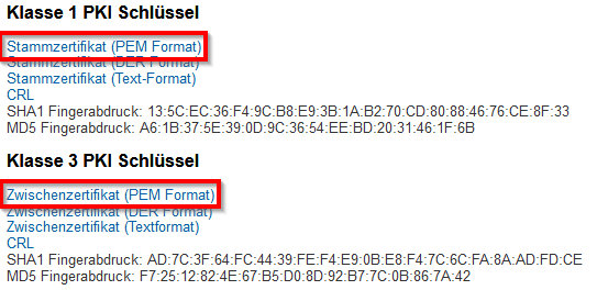 CAcert-Stammzertifikate in verschiedenen Dateiformaten