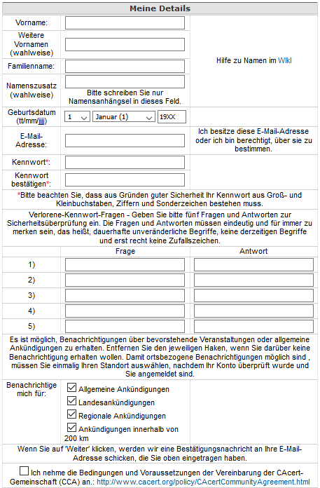 Registrierungs-Formular für CAcert-Mitglieder