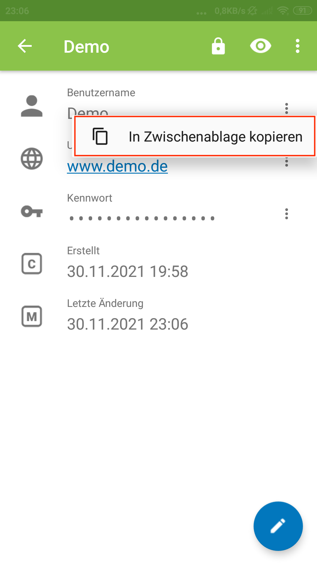 Benutzernamen kopieren - Menü