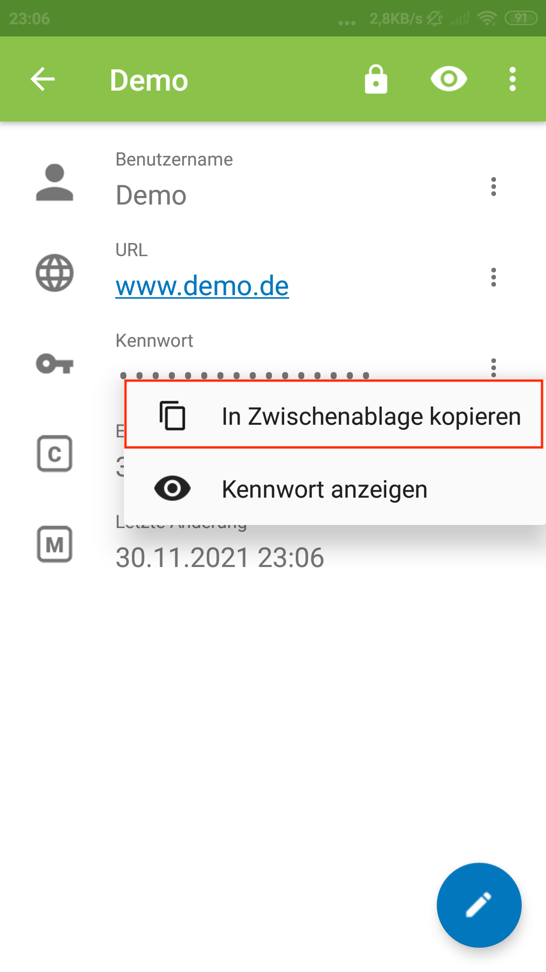 Passwort kopieren - Menü