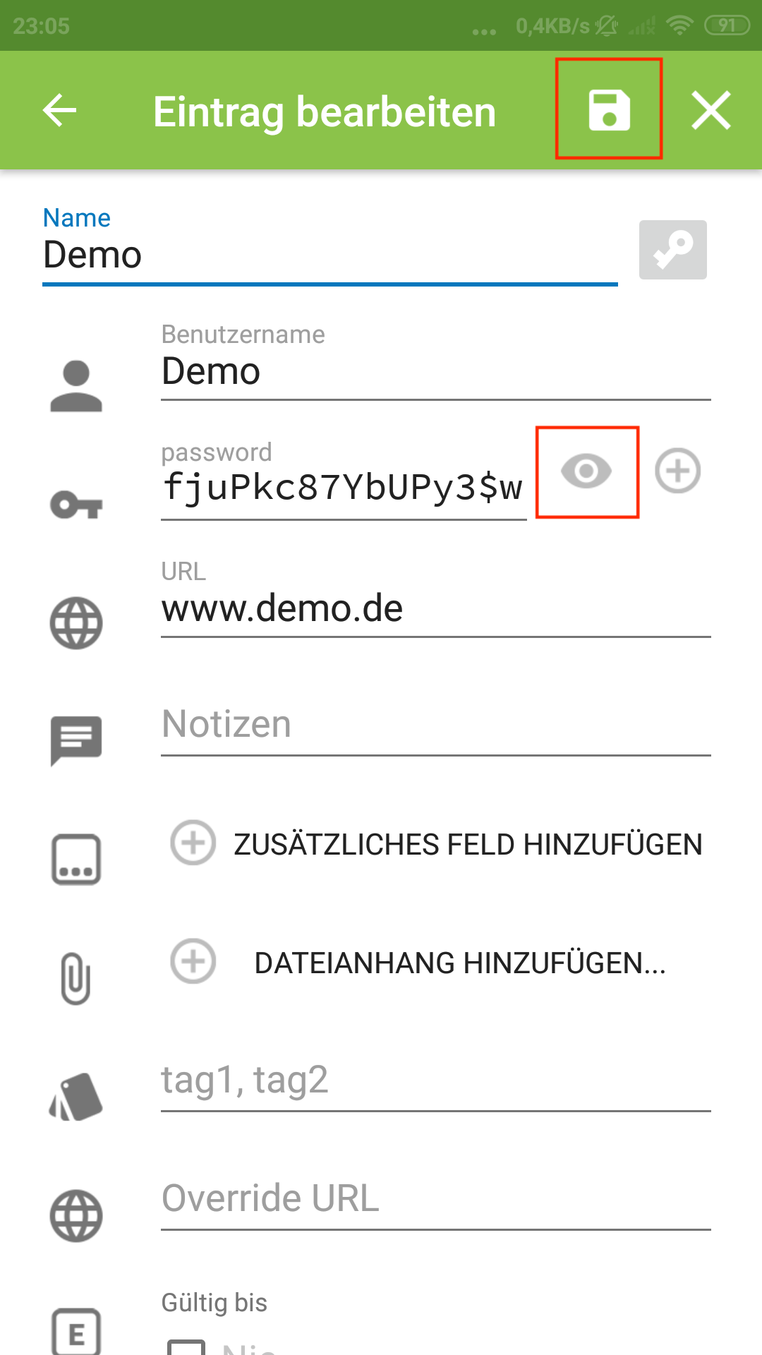 Eintrag anlegen - Menü