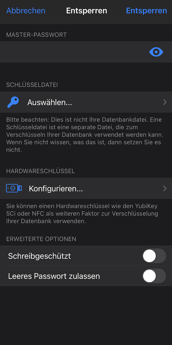 Datenbank mit Masterpasswort öffnen