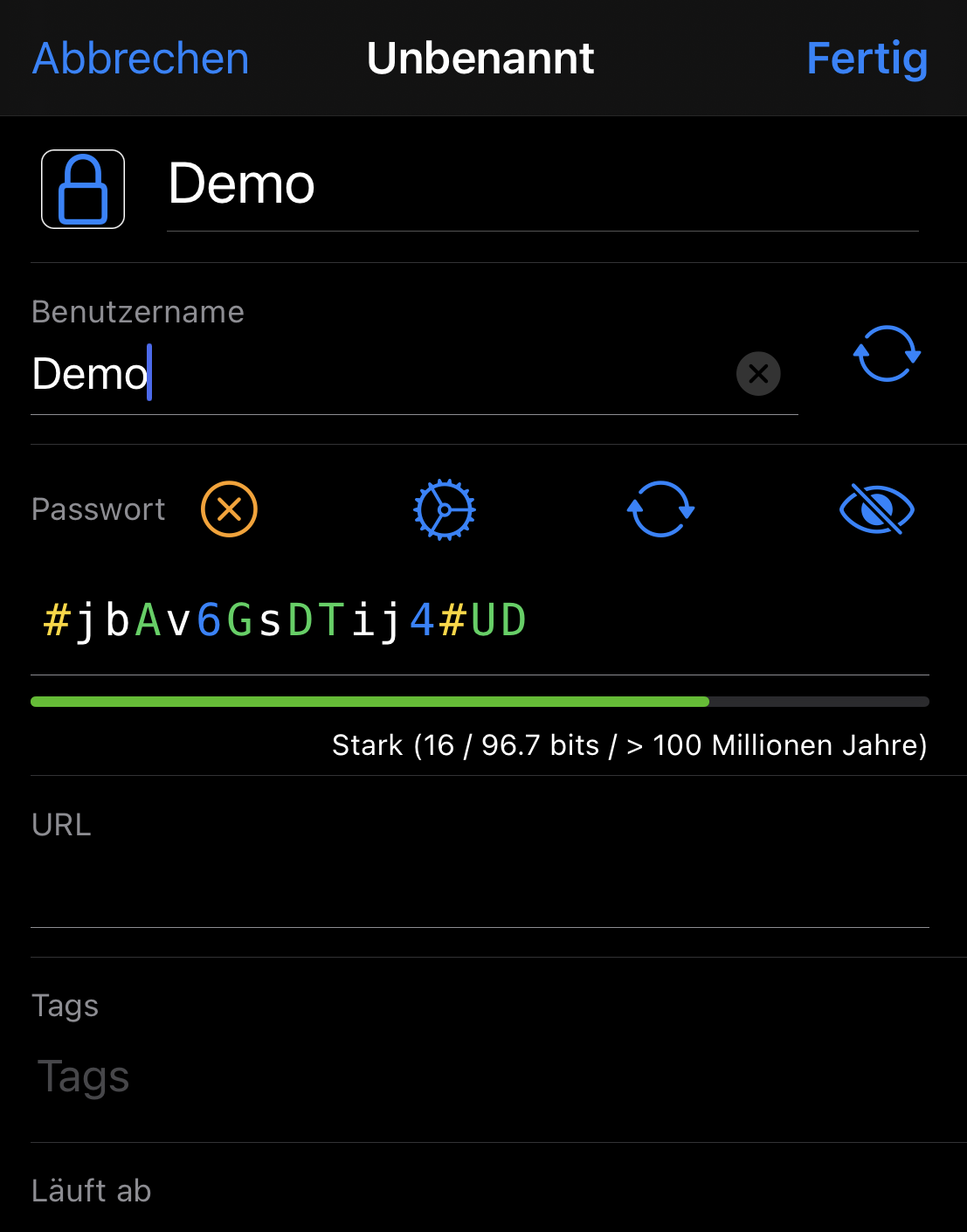 Eintrag anlegen - Menü