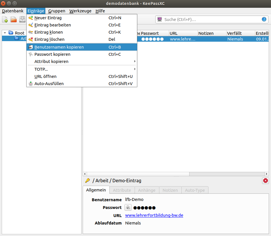 Benutzernamen kopieren - Menü