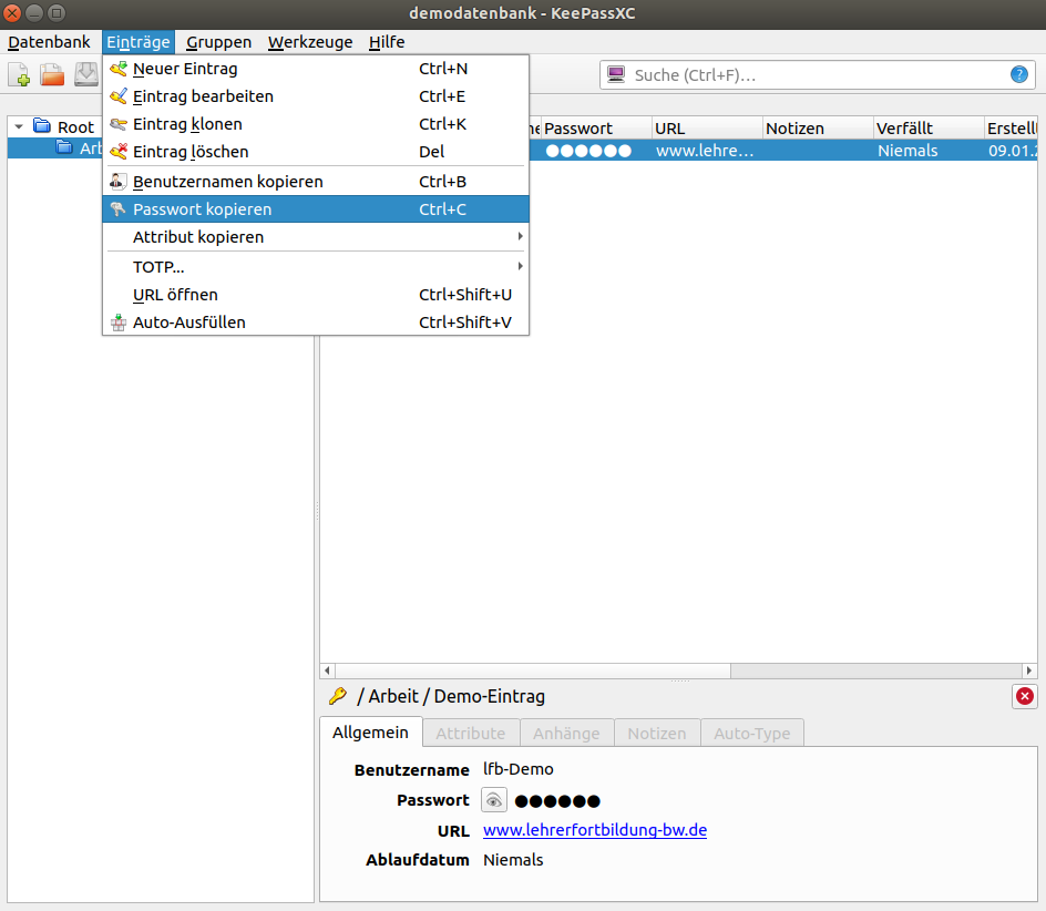 Passwort kopieren - Menü