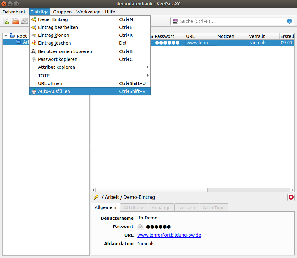 Passwort kopieren - Menü