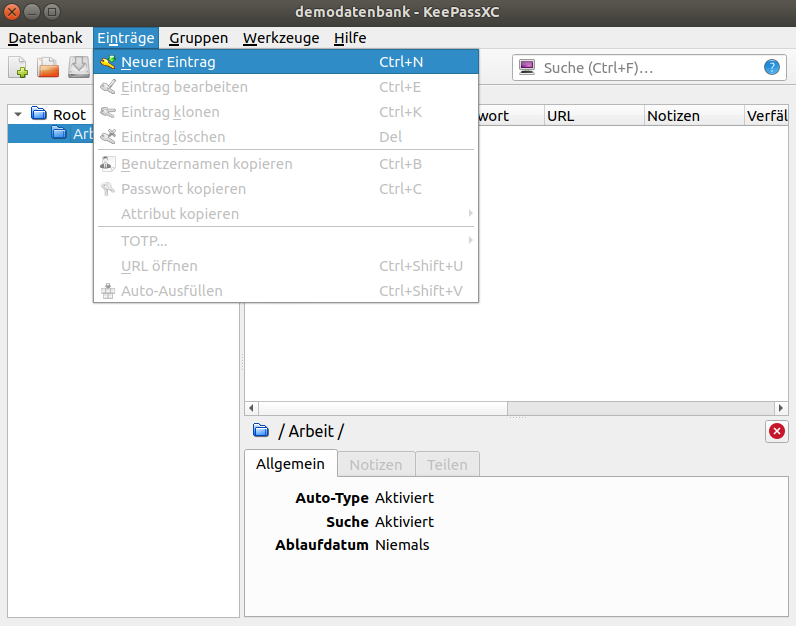 Eintrag anlegen - Menü
