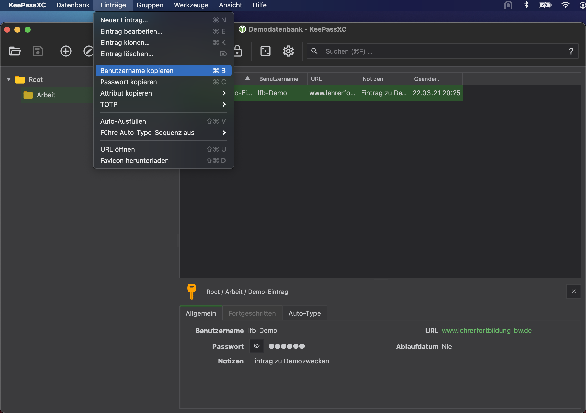 Benutzernamen kopieren - Menü
