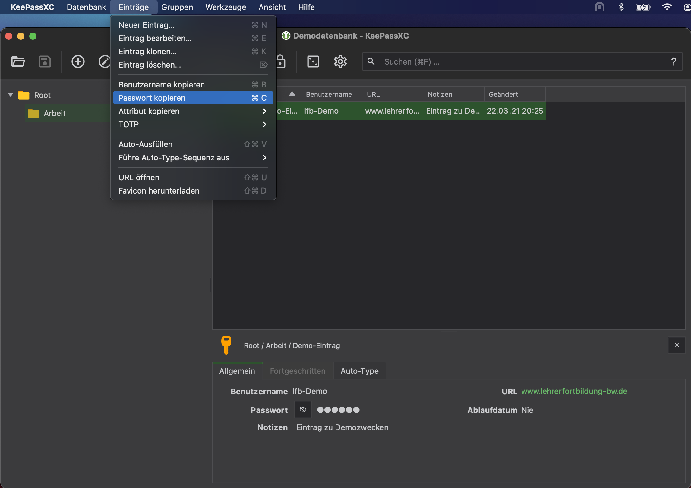 Passwort kopieren - Menü