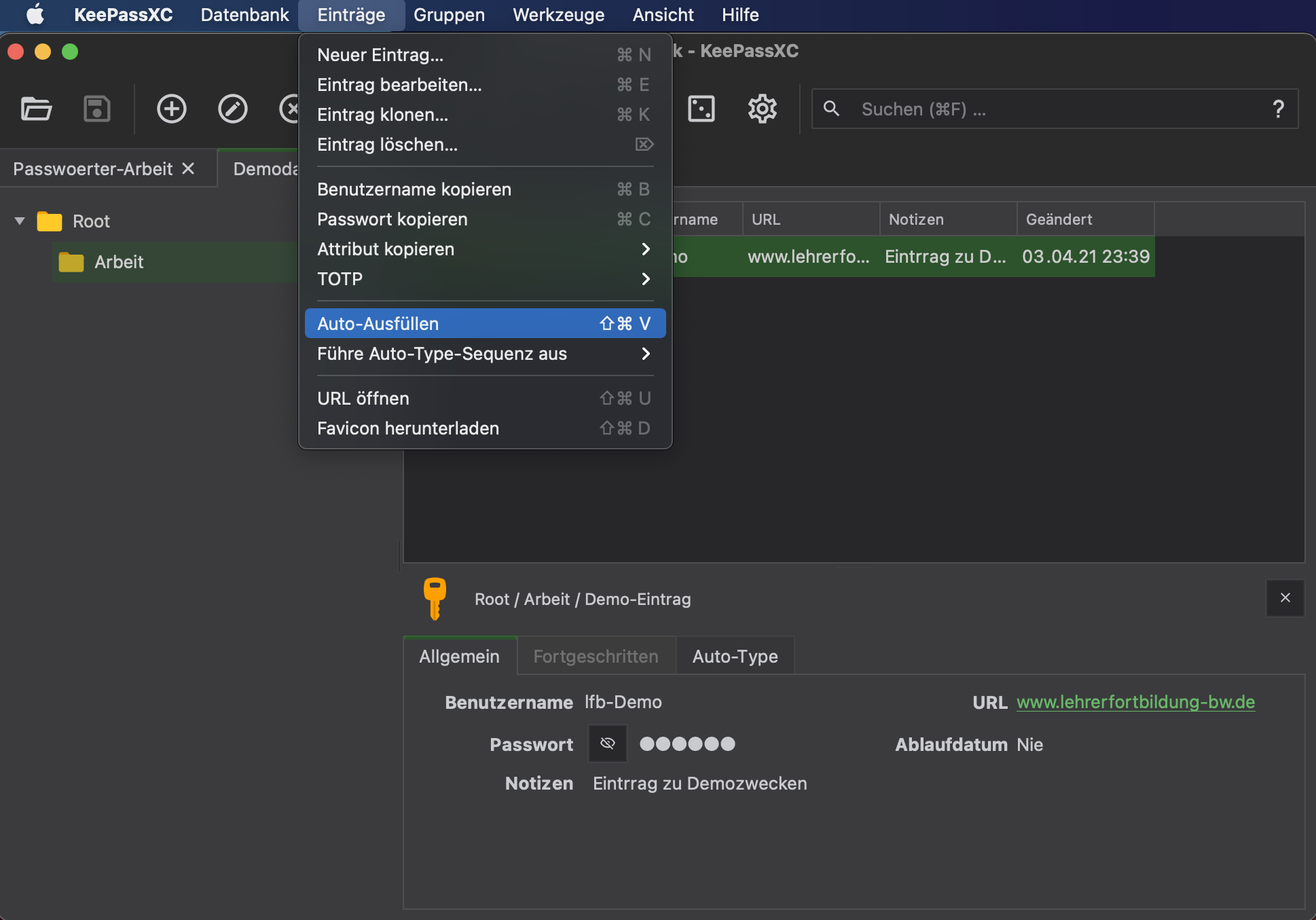 Passwort kopieren - Menü