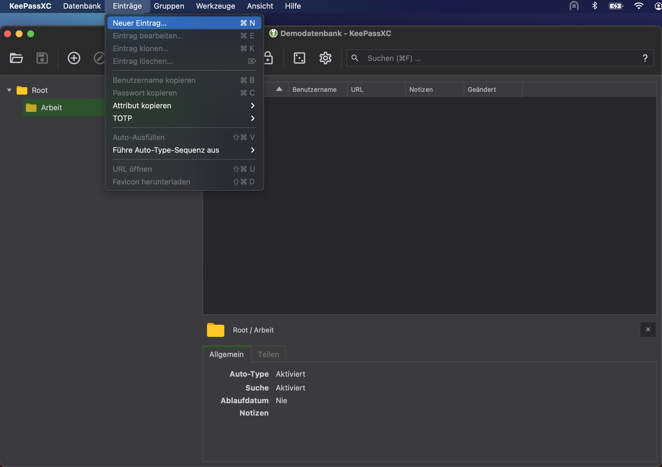 Eintrag anlegen - Menü