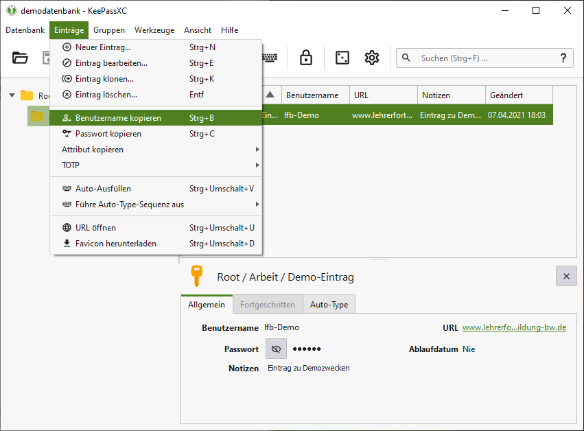 Benutzernamen kopieren - Menü
