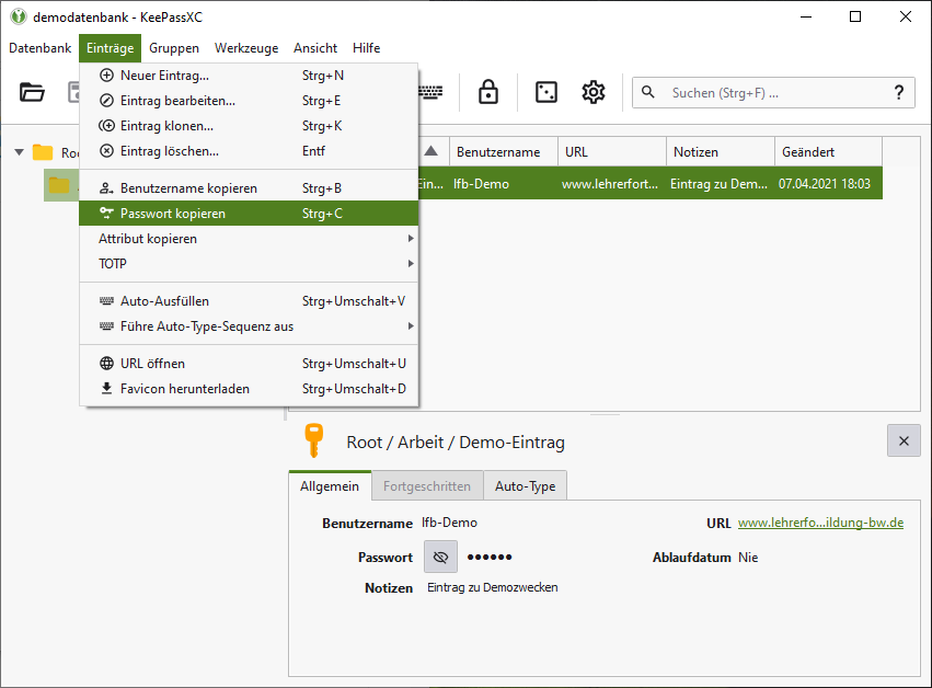 Passwort kopieren - Menü