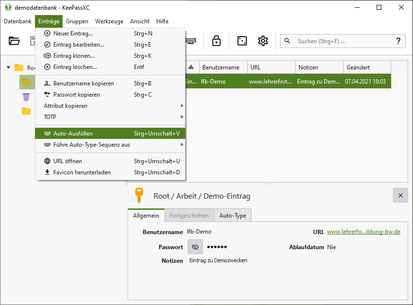 Passwort kopieren - Menü