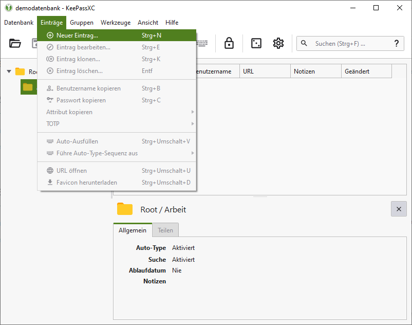 Eintrag anlegen - Menü