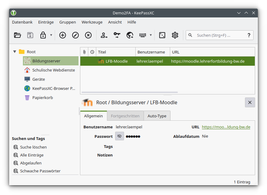Hauptfenster von KeepassXC mit einem Eintrag LFB-Moodle für den Benutzer lehrer.laempel