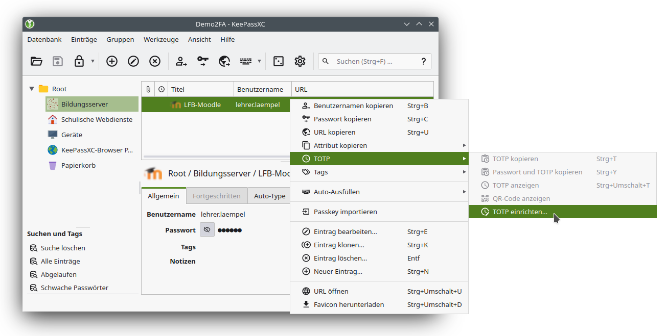 Hauptfenster von KeepassXC. Aufgeklappt ist der Menüpunkt TOTP />TOTP eirichten...