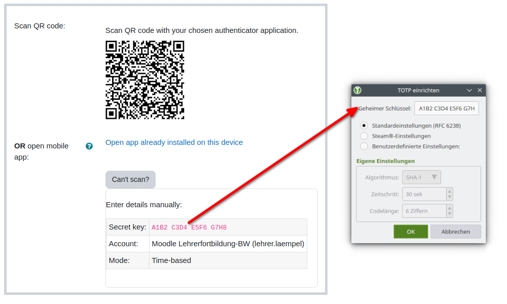 Zweigeteiltes Bild. Links Screenshot aus der 2FA-Einrichtung des LFB-Moodle, rechts Screenshot der TOTP-Einrichtung aus KeepassXC. Übertragung des geheimen Schlüssels ist mit Pfeil markiert
