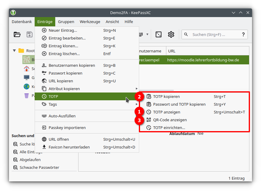 Hauptfenster von KeepassXC. Aufgeklappt ist der Menüpunkt TOTP />TOTP eirichten... Markiert ist TOTP kopieren und TOTP anzeigen