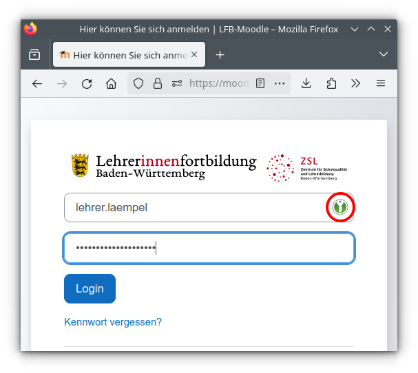 Anmeldemaske des LFB-Moodle: Abfrage von Benutzername und Passwort