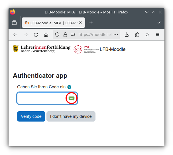 Anmeldemaske des LFB-Moodle: Abfrage des TOTP