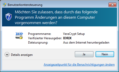 Warnung zu erforderlichen Adminrechten