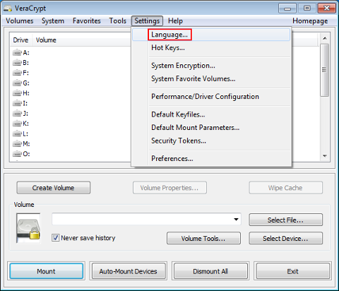 VeraCrypt Sprache ändern einleiten