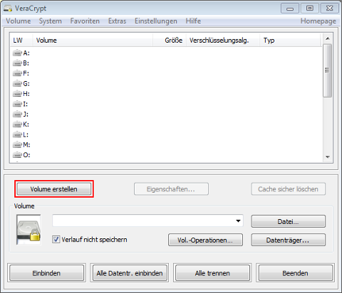 Start für Volume-Erstellung im VeraCrypt Hauptfenster