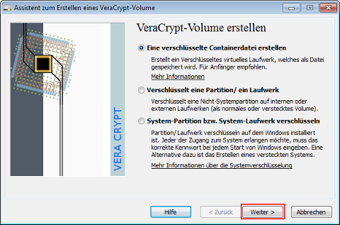 Verschlüsselte Containerdatei ausgewählt lassen