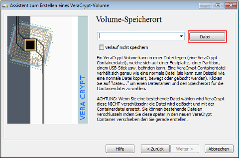 Speicherort für Tresordatei wird erfragt