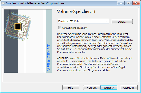 Speicherort für Volume nun ausgewählt