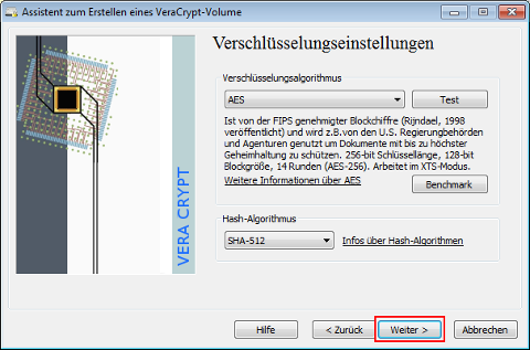 Verschlüsselungseinstellungen für VeraCrypt-Volumen