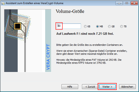 Volumengröße für VeraCrypt-Tresordatei festlegen