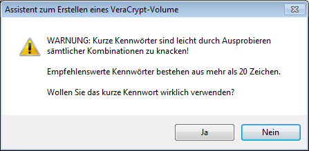 Warnung bei zu kurzem Kennwort