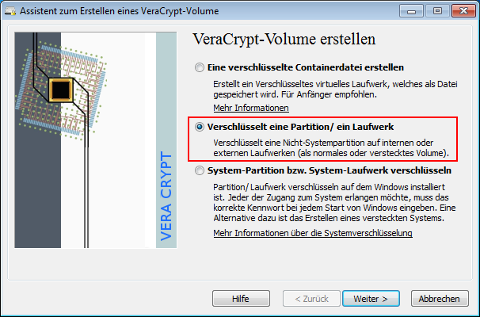 Mögliche Optionen beim Erstellen eines VC-Volumes - hier ganze Partition