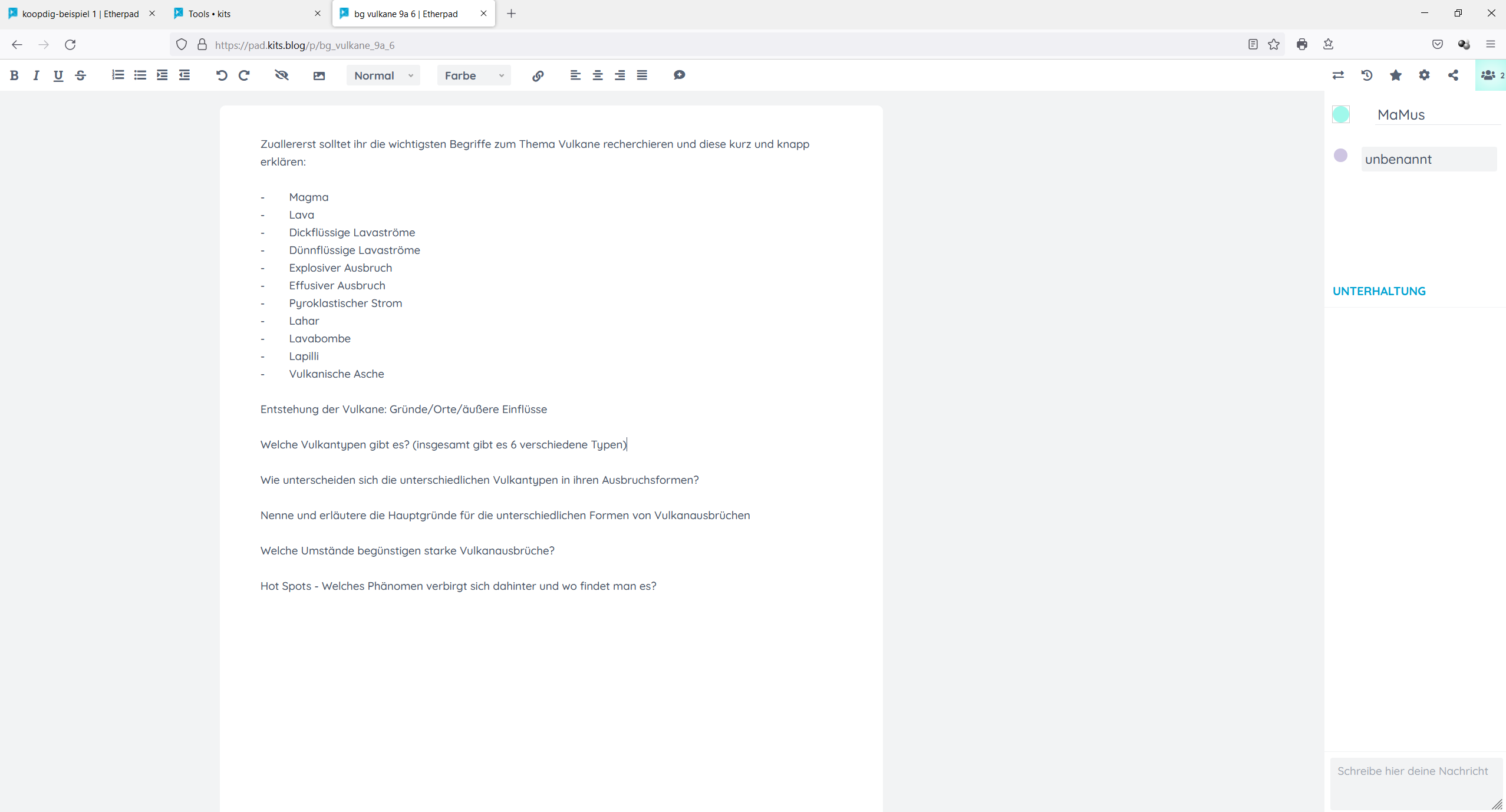 Screenshot etherpad Vulkane