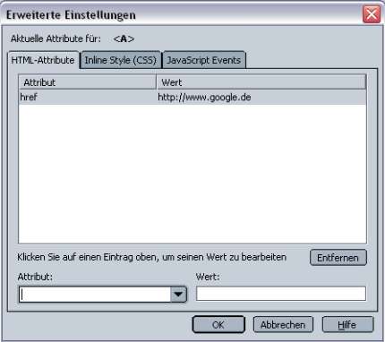erweiterte einstellungen für den link