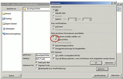 Optionen einstellen: Nicht druckbare Informationen einschließen: Textmarken erstellen mithilfe von Überschriften