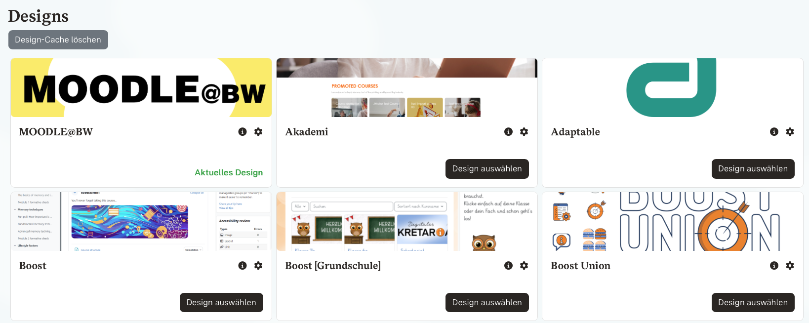 Die Moodle-Seite Designs listet verfügbare Themes; MOODLE@BW ist als aktuelles Design markiert, weitere Boost-Designs sind auswählbar.