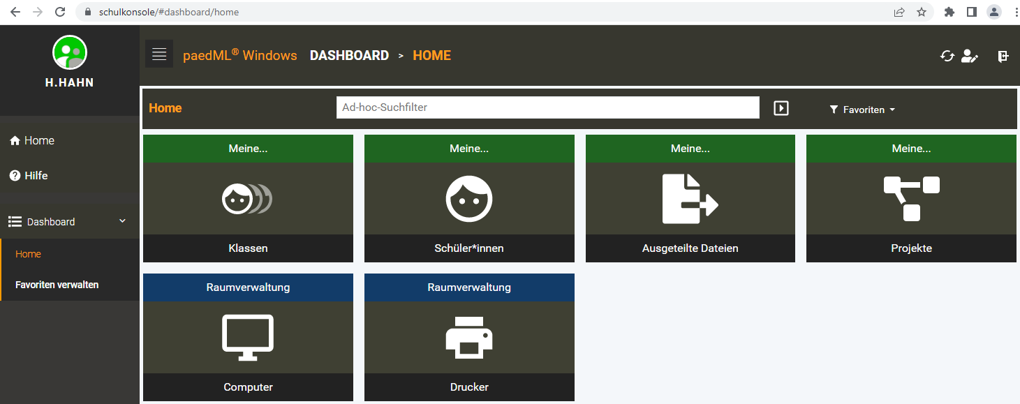 Schulkonsole mit wichtigen Kacheln: Meine Klasse, Meine Schülerinnen, Meine Ausgeteilten Dateien, Meine Projekte, Raumsteuerung Computer, Raumsteuerung Drucker