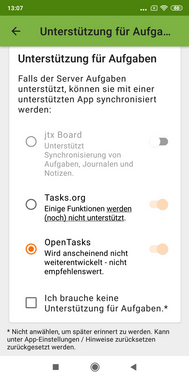 Menü zur Auswahl der Aufgaben App, selektiert ist die App OpenTasks