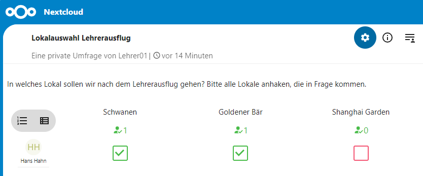 Ansicht des Abstimmungsergebnisses.