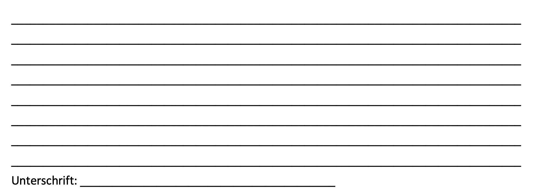 Platz für Antworten der Schülerinnen und Schüler, acht Zeilen sowie eine Linie für die Unterschrift